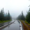 A realistic landscape of the Komi region on a rainy day, showing misty coniferous forest, wet ground and roads, overcast sky with steady rain, and a subtle sense of 18°C temperature, without any text or signage