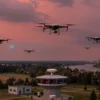 A dramatic aerial scene over the Rostov region showing a sky filled with multiple small unmanned aerial vehicles (drones) flying at various heights. The atmosphere is tense, with a vivid red overlay indicating a high danger level. In the foreground, a modern radar station and a control tower monitor the drones, their screens glowing with red warning lights. The landscape includes typical Rostov countryside elements—fields, a river, and distant city silhouettes—under a cloudy sky. The overall mood conveys urgent surveillance and heightened alert without any textual signs.