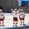 A dynamic scene of the Yaroslavl hockey team "Zubr" celebrating their top‑5 finish in a Sochi tournament, featuring players in team jerseys on a hockey rink with a scoreboard indicating their ranking, in a realistic sports atmosphere