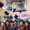A lively, humorous scene of a high school graduation ceremony mixed with the moment of the last school bell ringing. Students in caps and gowns are laughing, some tossing their caps in the air, while a large, vintage school bell hangs prominently and swings, its clapper mid-swing. The background shows a decorated school courtyard with balloons, streamers, and a banner (without any readable text). The atmosphere is joyful and slightly chaotic, capturing the comedic spirit of graduation jokes.