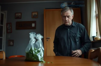 A realistic scene of a middle-aged man in his 40s standing in a modest Mordovian apartment, looking concerned, with a discreet bag of green cannabis leaves placed on a wooden table, soft indoor lighting, no text or symbols