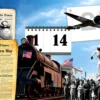 A detailed historical montage illustrating significant events that occurred on twenty‑seven May throughout history: a vintage steam locomotive representing the opening of a transcontinental railway segment, an old newspaper with headline silhouettes, a World War II era fighter plane soaring above, a symbolic civil rights protest with diverse people holding banners, and a modern astronaut floating in space, all blended into a seamless composition with a subtle calendar page showing the date in the background, rendered in realistic detail