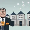 A symbolic illustration of a government ministry office overseeing numerous nonprofit organization buildings. In the foreground, a stern bureaucrat in a formal suit places a government badge onto the door of an NGO office, while other NGO buildings are lined up behind, each with subtle signs of being monitored, such as surveillance cameras and official documents floating above. The scene conveys control and oversight without any text or logos.