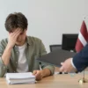 A person in a government office waiting area, looking disappointed while a bureaucrat hands over a folder. The setting is a neutral, modern office with a desk, a computer, and a small flag of Latvia subtly in the background. The person is wearing casual clothing, holding a stack of documents, and the atmosphere conveys a sense of bureaucratic denial without any text or symbols in the image.