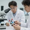 A realistic laboratory scene with Russian scientists in white lab coats examining a 3D molecular structure of a drug under a microscope, with a close-up of the molecular model and lab equipment, all depicted in a high-resolution, realistic style.