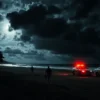 A tense nighttime scene on a Hawaiian beach with dark palm trees silhouetted against a stormy sky, police cars with flashing lights parked near the sand, a shadowy figure of a fugitive running away along the shoreline, distant volcanic mountains under a moonlit sky, creating a sense of horror and pursuit