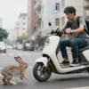 A man on an electric scooter being hit by a rabbit in an urban street setting, with the man surprised, scooter slightly tilted, rabbit in mid-stride, background of city buildings, no text, no letters, no digits