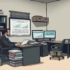 A realistic urban scene showing a modest office interior where a calm debt collector sits at a desk reviewing microloan documents, with a subtle stack of paperwork and a computer screen displaying financial charts, while a concerned borrower stands nearby, both appearing serious but not aggressive, soft lighting, no visible text or logos