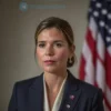 A photo-portrait of a woman in a formal suit speaking into a microphone at a press conference, with a blurred background of a podium and a flag