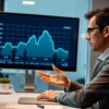 A modern office scene showing a concerned business owner looking at a large digital screen displaying a downward trending financial chart, with subtle silhouettes of self-employed freelancers working remotely in the background, symbolizing the hidden financial impact on the company; the atmosphere is professional and slightly tense, with muted corporate colors and realistic lighting.