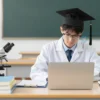 A university student sitting at a desk with textbooks and a laptop, wearing a graduation cap, with a lab coat and a microscope placed nearby to represent working in their specialty, balanced composition showing both study and professional work