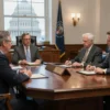 A realistic depiction of the U.S. Congress chamber during a debate on a sanctions bill, showing diverse lawmakers in suits and gowns seated around a polished oak table with a folded bill document, the American flag and a small U.S. Capitol dome visible through a large window, all in a natural indoor setting