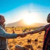 A vibrant scene showing a safari landscape in Tanzania with the iconic Mount Kilimanjaro in the background. In the foreground, a Russian traveler in a light jacket and a Tanzanian guide in traditional attire are shaking hands, symbolizing a visa‑free agreement. The safari includes a few wildlife silhouettes such as giraffes and zebras, and the sky is bright with a warm sunrise glow.