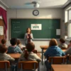 A realistic classroom scene in a 5th grade school in Naryan-Mar, showing a teacher standing at the front, students seated and listening, a blackboard with election symbols and a poster about voting, all depicted in a detailed, natural style