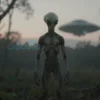 A blurry, low-resolution photograph of a humanoid alien standing in a forest clearing at dusk, with a faint glow around its body, a small hovering UFO in the background, and a subtle hint of a camera lens flare. The scene should evoke mystery and intrigue.