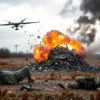 A dramatic battlefield scene showing the aftermath of an interceptor drone exploding in mid-air, with debris and smoke spreading over a war-torn landscape. Two Ukrainian soldiers lie on the ground, one partially covered by rubble, both appearing lifeless. The sky is overcast with a plume of dark smoke rising from the explosion. The scene is realistic, detailed, and conveys the tragic impact of the drone strike without any text or symbols.