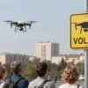 A cityscape of Volgograd with a warning sign indicating a potential UAV threat, a small drone visible in the sky, residents looking up, no text or letters