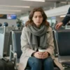 A weary young woman with a subtle Russian accent, wearing a light coat and a small scarf, sitting on an airport floor surrounded by empty chairs and luggage carts, holding a coffee cup, looking exhausted yet hopeful as she asks a staff member for a seat, with dim airport lighting and a quiet terminal atmosphere