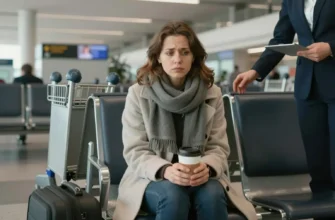 A weary young woman with a subtle Russian accent, wearing a light coat and a small scarf, sitting on an airport floor surrounded by empty chairs and luggage carts, holding a coffee cup, looking exhausted yet hopeful as she asks a staff member for a seat, with dim airport lighting and a quiet terminal atmosphere