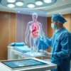 A modern Russian operating room where a surgeon in surgical scrubs is interacting with a high‑resolution 3D holographic display of a human anatomy model, showing transparent layers of organs and vessels. The hologram appears floating above a sleek touchscreen console, with realistic lighting and a subtle hint of a Russian flag color palette in the background décor, emphasizing advanced medical technology and precision.
