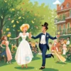 A humorous illustration depicting a series of lighthearted courting scenes: a shy man offering a single flower to a smiling woman, a couple awkwardly dancing in a park, a gentleman trying to impress with a magic trick that fails, a lady playfully pushing away an overenthusiastic suitor, a comedic moment of a man slipping on a banana peel while holding a gift, a romantic dinner with a candle that blows out, a playful chase with a bouquet, a classic serenade under a balcony, a clumsy attempt at cooking for a date, and a funny misunderstanding with a love note being read by a pet. The overall tone is comedic and whimsical, with bright colors and expressive characters, no text or letters in the image.