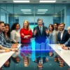 A professional office scene showing diverse employees gathered around a conference table with a financial advisor presenting a futuristic holographic chart of retirement savings growth, symbolizing corporate pension plans for all. The setting includes modern corporate architecture, glass walls, and a sense of security and optimism about future retirement benefits.