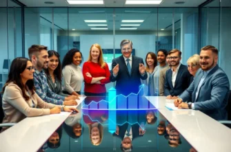 A professional office scene showing diverse employees gathered around a conference table with a financial advisor presenting a futuristic holographic chart of retirement savings growth, symbolizing corporate pension plans for all. The setting includes modern corporate architecture, glass walls, and a sense of security and optimism about future retirement benefits.
