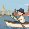 A whimsical illustration of a person in a small boat on the Neva River, holding a fish that is wearing a hat, with iconic St. Petersburg landmarks such as the Hermitage and Peter and Paul Fortress in the background, rendered in a lighthearted, cartoonish style.