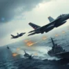 A dramatic scene showing US fighter jets launching missiles over the Strait of Hormuz, with naval ships navigating the turbulent sea under a cloudy sky, conveying tension and conflict