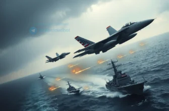 A dramatic scene showing US fighter jets launching missiles over the Strait of Hormuz, with naval ships navigating the turbulent sea under a cloudy sky, conveying tension and conflict