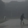 A realistic scene showing a neighborhood during a water outage: a street with a few houses, a visible water main pipe cut off, a person in a hoodie holding a fake water meter and a clipboard, looking at a homeowner who appears confused. The homeowner is holding a water bottle, and a neighbor is pointing at a broken pipe. The atmosphere is tense but not violent, with muted colors and a slightly gloomy sky to emphasize the outage.