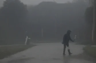 A realistic scene showing a neighborhood during a water outage: a street with a few houses, a visible water main pipe cut off, a person in a hoodie holding a fake water meter and a clipboard, looking at a homeowner who appears confused. The homeowner is holding a water bottle, and a neighbor is pointing at a broken pipe. The atmosphere is tense but not violent, with muted colors and a slightly gloomy sky to emphasize the outage.