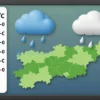 A high‑resolution illustration of a weather forecast display for the Komi region on May 17, showing a large thermometer indicating 28°C, a rain cloud icon, and a stylized map of Komi in the background, all without any textual labels or numbers