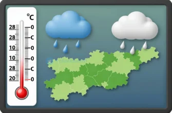 A high‑resolution illustration of a weather forecast display for the Komi region on May 17, showing a large thermometer indicating 28°C, a rain cloud icon, and a stylized map of Komi in the background, all without any textual labels or numbers