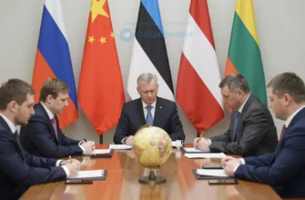 A diplomatic conference scene showing Russian and Baltic state representatives seated around a polished wooden table, with subtle national flags (Russia, Estonia, Latvia, Lithuania) in the background, official documents and a globe, a serious yet calm atmosphere, realistic lighting and details
