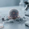 A high-resolution scientific illustration showing a tiny, ancient-looking microorganism under a microscope, with a frosty, permafrost background hinting at the remote edge of the Earth. The microbe is depicted as a simple, spherical cell with subtle internal structures, glowing faintly to emphasize its age. In the foreground, a modern laboratory setting with glass petri dishes, scientific instruments, and a researcher’s gloved hand is visible, but no text or labels appear.