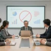A realistic depiction of a corporate meeting in a modern conference room with a large table, several business people in suits, a whiteboard with charts and a red circle indicating a violation, subtle lighting to emphasize seriousness, no text or symbols on the whiteboard