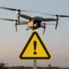 A stylized illustration of a drone flying over a map of the Volgograd region at dusk, with a prominent warning symbol overlay, no text or lettering