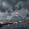A dramatic illustration of the Strait of Hormuz with naval vessels and oil tankers forming a blockade, while a faint overlay shows a map of Europe with medical symbols such as a red cross and pill bottles, indicating the impact on European healthcare; stormy sea, dark clouds, and a sense of tension