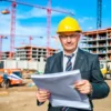 A professional portrait of a middle-aged man named Vitaliy Korolev standing on a construction site, wearing a business suit and a hard hat, holding a clipboard and reviewing plans. Behind him, workers and machinery are active, with cranes, scaffolding, and partially built structures under a clear sky. The scene conveys authority and ongoing oversight of public improvement projects.