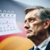 A realistic portrait of a middle-aged German businessman in a dark suit, looking thoughtfully toward the horizon, with a subtle German flag blurred in the background and a faint calendar with pages turning quickly, symbolizing the possibility of an early leadership change. The scene should convey political tension without any text, logos, or identifiable party symbols.