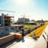 A vibrant summer scene in Russia showing people working outdoors under a bright, extended daylight sky. Include construction workers on a building site, farmers harvesting fields, and office workers on a terrace with laptops, all bathed in warm sunlight that suggests an unusually long summer work period. Emphasize the long daylight hours with a low horizon and a clear blue sky, without any textual elements or signage.
