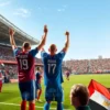 A dynamic football match scene in a Cairo stadium, with Egyptian players celebrating a victory over Russian players. The Egyptian team is shown cheering, raising their arms, while the Russian team looks disappointed. The stadium is filled with enthusiastic fans waving Egyptian flags, and the atmosphere is vibrant and energetic. The background includes iconic Cairo landmarks subtly visible, such as the silhouette of the Cairo Tower, under a bright, clear sky.