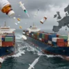 A dramatic illustration of a blocked shipping lane at the Strait of Hormuz with large cargo ships halted, containers spilling open to reveal medical supplies such as pill bottles, syringes, and bandages, all floating toward a distant European Union map silhouette. The scene conveys a disrupted supply chain, with stormy seas and a sense of urgency, without any text or logos.