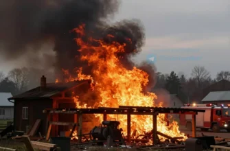 A dramatic scene of a large fire raging inside a wooden sawmill workshop in a rural village, with intense orange and red flames engulfing the building, thick black smoke billowing into the sky, wooden beams and saw machinery visible, emergency lights and fire trucks approaching, the surrounding village houses faintly illuminated by the glow, a sense of urgency and danger