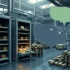 A detailed scene illustrating the United States facing a tungsten shortage for its defense industry: a modern military manufacturing facility with partially empty storage racks labeled with tungsten ingots, a map of the United States highlighting mining regions, and a subtle visual cue of scarcity such as a dimmed light on the tungsten stockpile, all rendered in a realistic, high‑resolution style showing industrial machinery, metal textures, and a somber atmosphere.