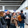 A modern Russian airport terminal scene showing a diverse group of Russian travelers waiting in line, some holding smartphones displaying notification icons for upcoming government payments, while others approach a sleek biometric facial scanner at a boarding gate. In the background, a digital display board (without visible text) hints at flight information, and a subtle hint of a government assistance program is represented by a stylized, abstract icon of a hand offering a coin. The atmosphere is bright and hopeful, emphasizing technology and upcoming benefits.