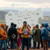 A realistic scene of a diverse group of migrants standing in front of a large map of Saratov region, with a person holding a clipboard and counting, surrounded by a subtle backdrop of the region's landscape, no text or numbers visible