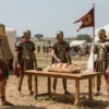 A Roman legion camp scene with soldiers in bronze armor and red tunics, Roman tents and a central area where a large ancient loaf of bread sits on a wooden table. A few legionaries in helmets and sandals are inspecting the loaf, with a Roman flag in the background. The setting is a dusty, sunlit field with a clear sky and distant Roman military formations.