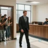 A realistic, high‑resolution scene of a man in a dark suit being escorted out of a modern courtroom after a bail hearing. The judge sits behind a wooden bench, a police officer in uniform stands nearby, and an unexpected obstacle appears as a surprised crowd of onlookers blocks the doorway, creating tension. The interior features tall windows, polished floors, and natural light streaming in, with no visible text or signage.